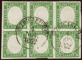1861-1863 (004) REGNO n.13 USATO BLOCCO DI 6