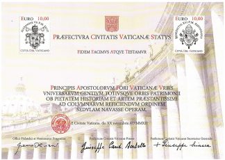 Top Rarità 2012 Vaticano FOGLIETTO Certificato filatelico restauro del Colonnato 'senza scritta'