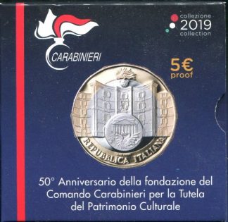 2019 - 5 € Ag Proof Italia  - 50° Anniversario fondazione Comando Carabinieri per la tutela del patrimonio culturale
